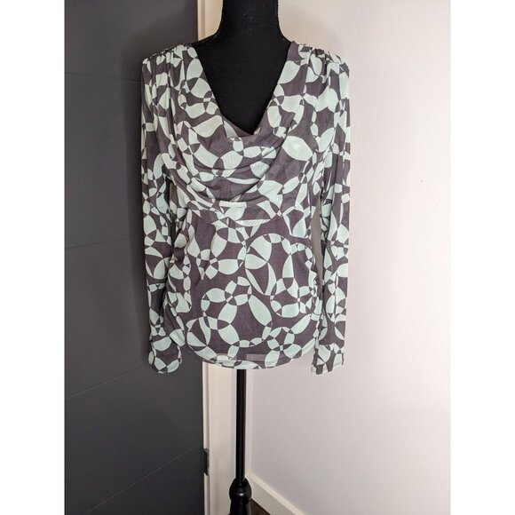 Ideology Tops - y2k Ideology Cowl Neck Abstract Print Mesh Long‎ Sleeve Top - L